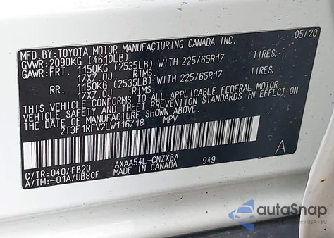 2020 Toyota Rav4 Le из США, поврежденный, VIN 2T3F1RFV2LW116718